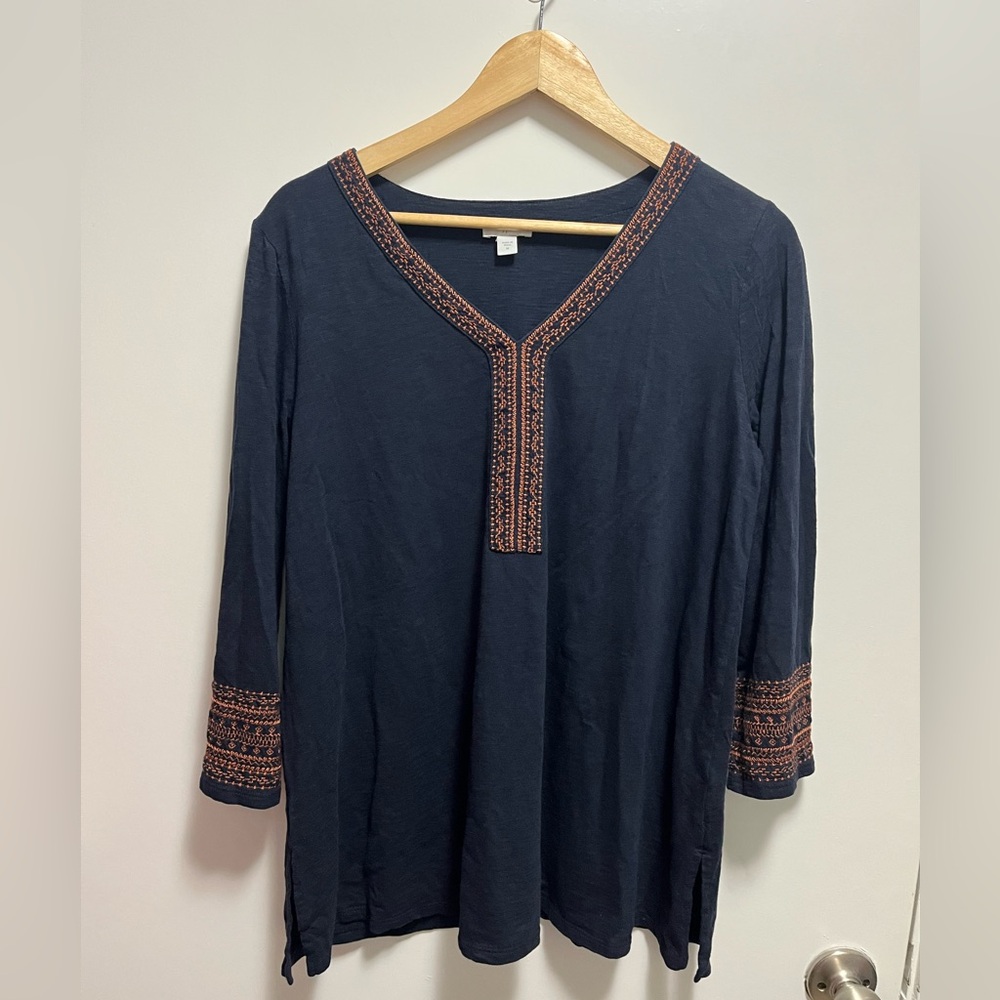 J. Jill Geometrically Embroidered V-Neck Navy Tunic Cotton Womens Size Medium